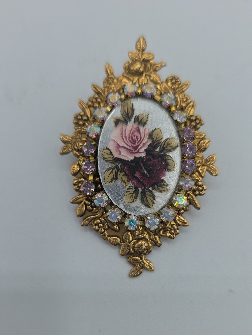 Victorian-Style Floral Rose Pendant Brooch in Gold with Pink and Aurora Crystals